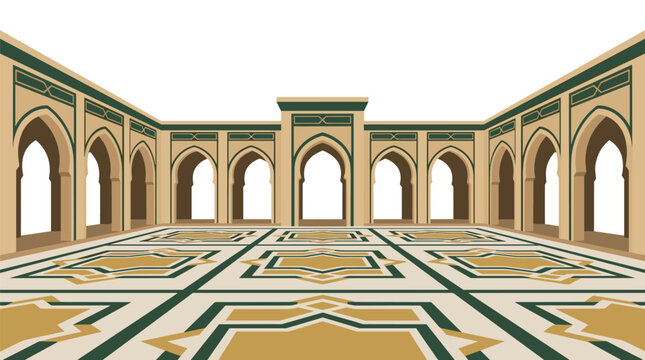 Spacious Islamic Mosque Courtyard with Geometric Floor Patterns