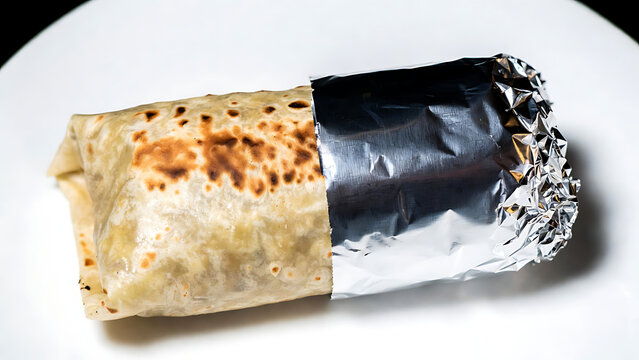 Grilled chicken and black bean burrito cut in half on white plate with fresh cilantro garnish for Mexican cuisine meal