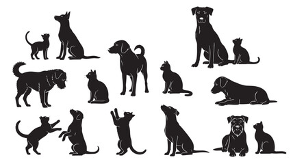 Dog and cat silhouettes set in various poses, black pet icons collection isolated on white background for design and decor featuring vector style, domestic animals, canine with feline and puppy © Harry 
