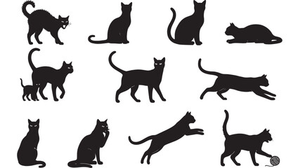 Cat silhouettes set in different poses, black domestic feline icons isolated on white background for design and decoration featuring cats, silhouette, pet with animal and kitten elements for kitty, © Harry 