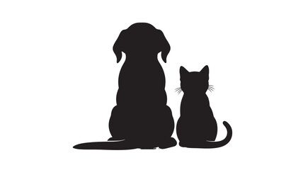 Dog and cat silhouette sitting side by side, pet friendship concept in black on white background, minimal vector style featuring pets, animal, companion with together and pair elements for cute, © Harry 