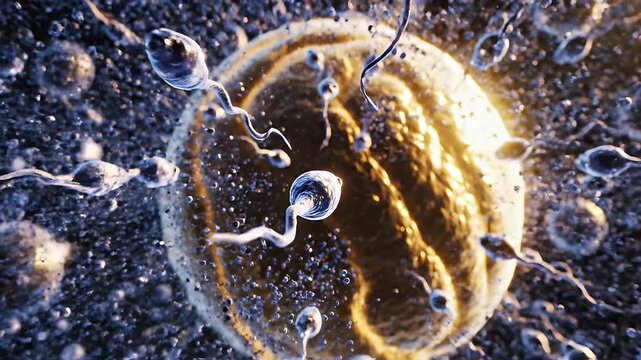 Microscopic view of sperm cells surrounding an egg cell during fertilization process scientific concept abstract background