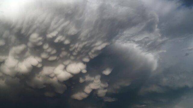 Panoramic mammatus clouds create dramatic storm sky texture across a brooding atmosphere. Wide vista shows pouch like thunderhead base, rolling convection detail, moody gray ceiling.