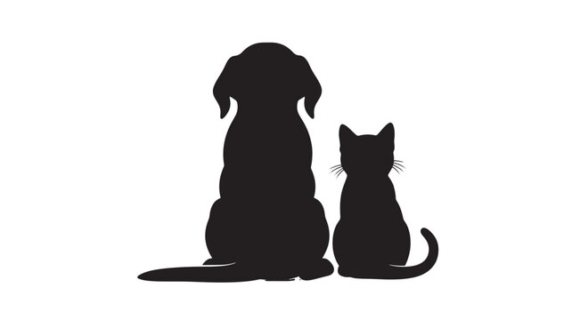 Dog and cat silhouette sitting side by side, pet friendship concept in black on white background, minimal vector style featuring pets, animal, companion with together and pair elements for cute,