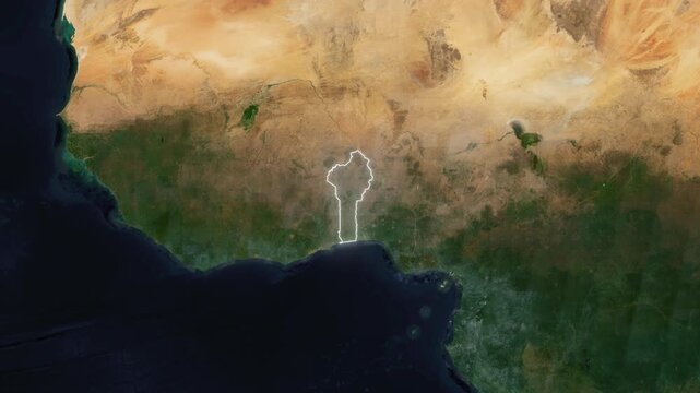 World Map to Country Zoom Animation with Glowing Border Outline Benin