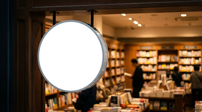 A blank round store sign mockup with logotype and signage design hanging in front of a bookstore interior, with a blurred background of shelves and customers.