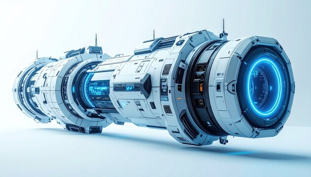 Futuristic Spaceship Design with Glowing Blue Rings and Intricate Details.