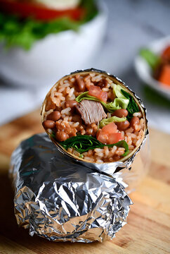 Fresh vegetarian burrito wrap with quinoa, black beans, avocado, and cheese on rustic wooden table for healthy lunch or dinner meal prep
