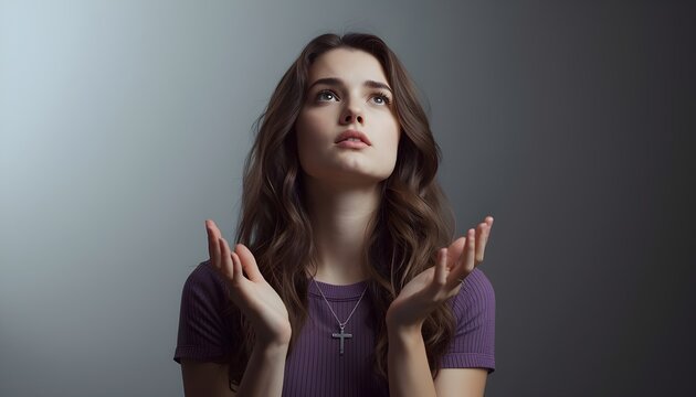A young woman with a puzzled expression looks upwards with her hands raised in a questioning gesture.