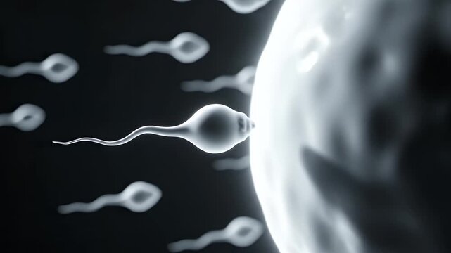 Microscopic view of sperm cells swimming towards ovum in a fluid medium scientific illustration fertilization concept
