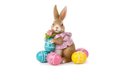 Decorative Easter Bunny Figurine with Colorful Eggs, isolated on white background