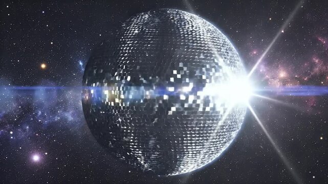 A sparkling disco ball illuminates a starry nebula with vibrant cosmic clouds