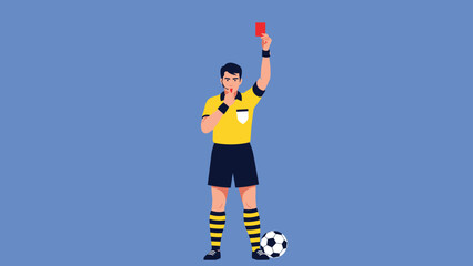 Professional soccer referee in yellow and black uniform blowing whistle and holding up red card on plain blue background for penalty. © Siraj