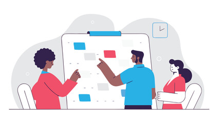 Diverse team brainstorming and pointing at a large schedule or planner board during an office meeting.