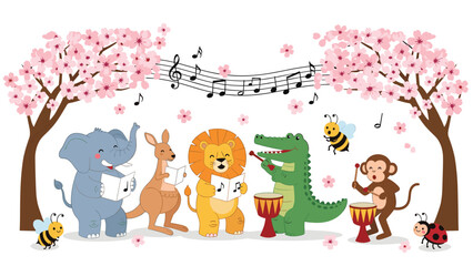 Obraz premium Group of safari animals including elephant, lion, and crocodile singing and playing drums under blooming cherry blossom trees.