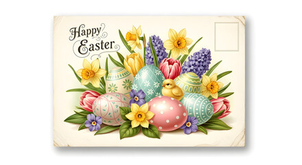 : Modern Easter Greeting Card with Pastel Eggs and Gold Accents, isolated on white background