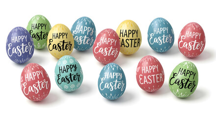 Easter Eggs with Hand Lettered Happy Easter Text, isolated on white background