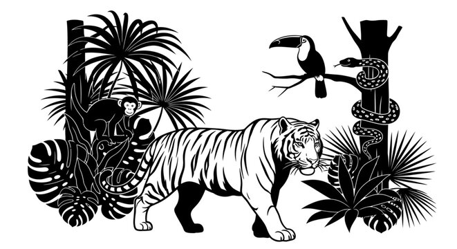 Black and white tiger walking forward.