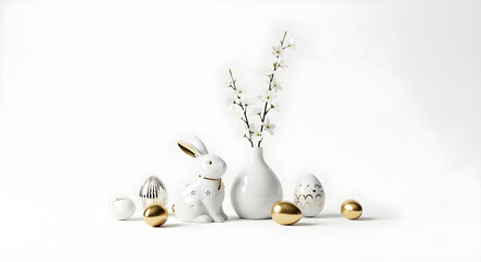 Minimal Luxury Easter Decor in White and Gold Theme, isolated on white background