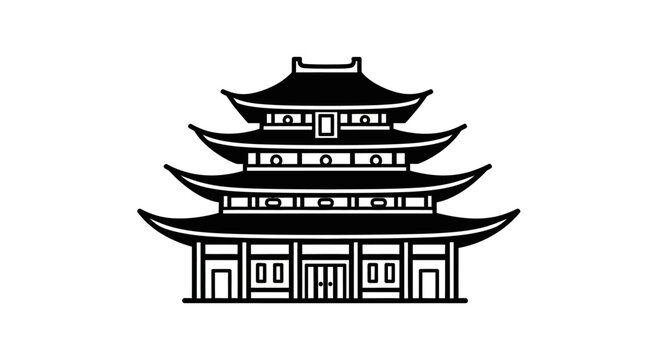 Black line drawing of chinese pagoda.