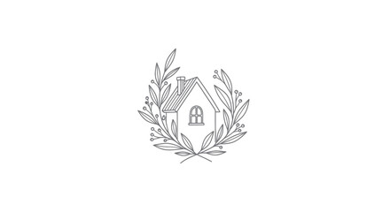 Elegant House with Leaf Wreath Line Art Illustration. © Faiz