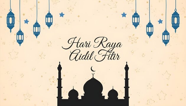 A festive illustration of a mosque with blue lanterns and stars for Hari Raya Aidil Fitir