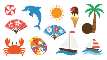 Collection of summer themed icons including dolphin, sun, ice cream, palm tree, crab, sailboat, and colorful fans. © Siraj