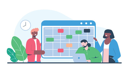 Diverse team collaborating on a project, reviewing tasks on a large calendar board in a modern office setting.