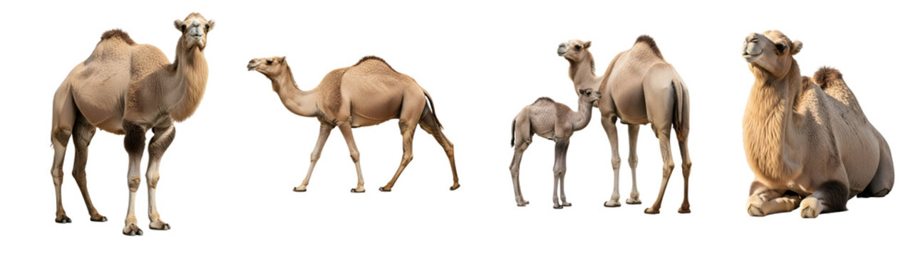 Five camels in different poses and sizes on transparent background