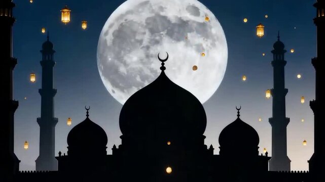 Majestic mosque silhouette under luminous full moon with floating lanterns, capturing serene Ramadan night atmosphere, spiritual reflection, Islamic celebration ambiance, and sacred festive background