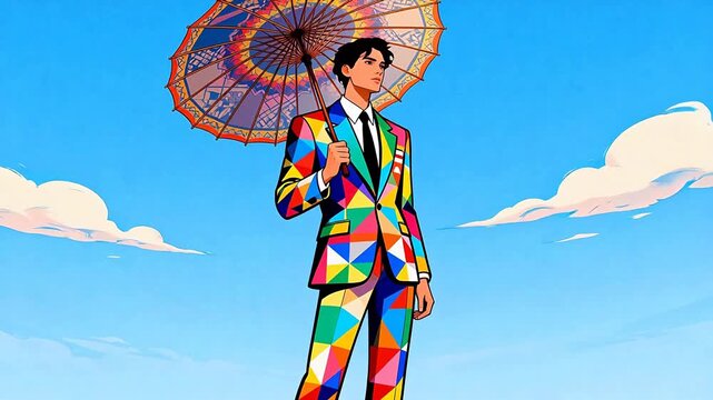 Man in colorful suit with umbrella