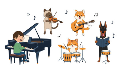Young boy plays a grand piano while talented cats and dogs perform on various musical instruments in a fun animal band. © Siraj