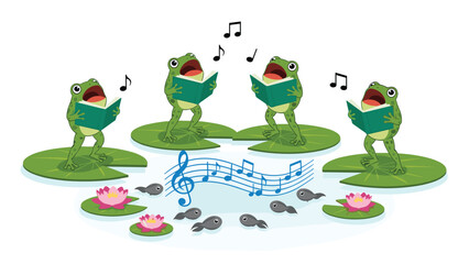 Fototapeta premium Group of four green frogs sing loudly from books while tadpoles swim in a musical pond decorated with pink lotus flowers.