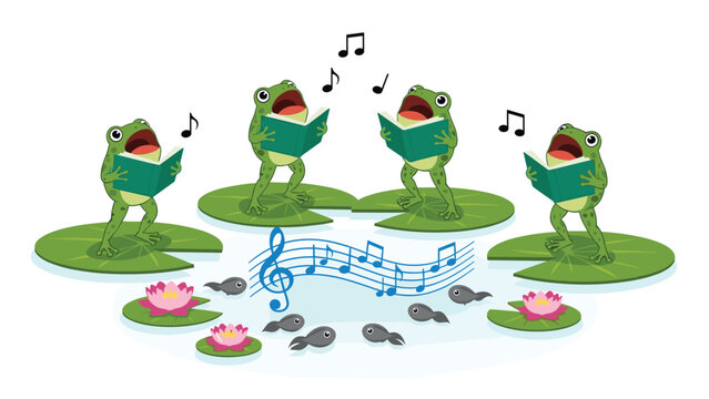 Group of four green frogs sing loudly from books while tadpoles swim in a musical pond decorated with pink lotus flowers.