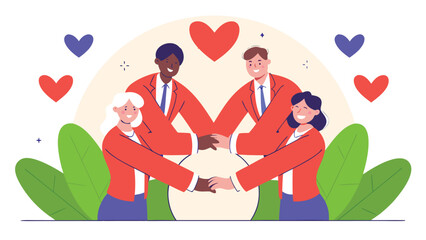 Diverse group of four people in red jackets standing in a circle, holding hands and expressing unity with hearts.