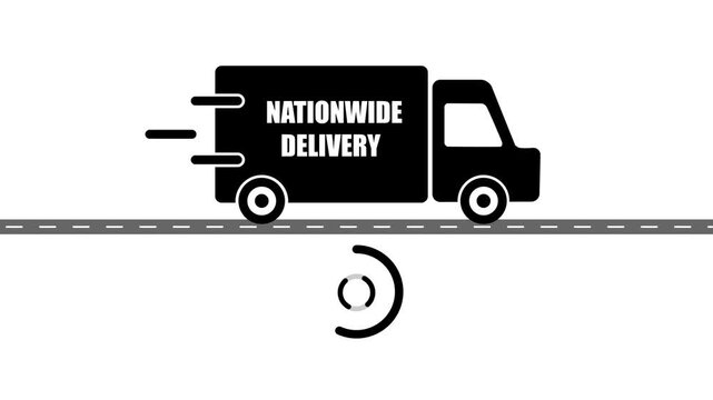 Truck icon with NATIONWIDE DELIVERY text animation.Pickup truck,delivery truck and courier service icon online shopping logistics concept animation on white background.