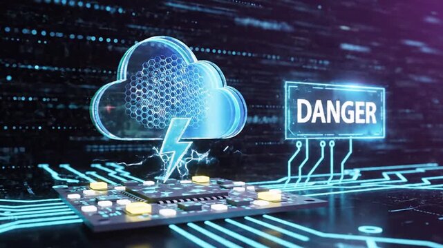 A digital illustration depicting a cloud computing danger sign with a lightning bolt striking a circuit board from a top-down viewpoint.