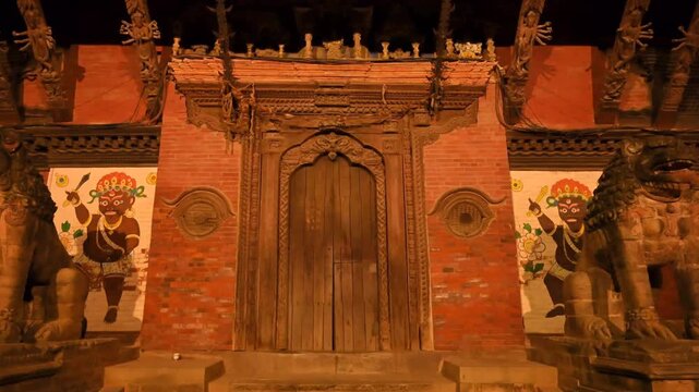 Nepal Patan Durbar Square Lion Statues at Mul Chowk at Night Stabilizer Forward 60fps World Heritage Site Kathmandu Valley