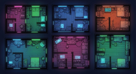 Architectural floor plans illuminated with vibrant neon lighting, showcasing modern interior design concepts.