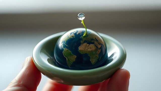 A symbolic miniature representation of humanity's delicate balance on a fragile yet resilient planet earth
