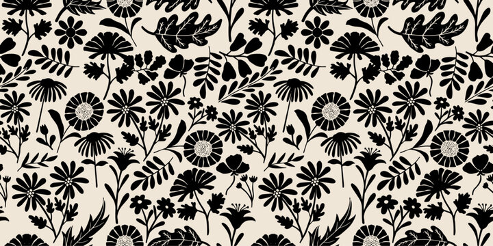 Seamless black floral silhouette pattern vector for textile design. Vintage folk art floral seamless pattern for wallpaper and packaging