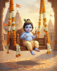 Baby Krishna On Swing With Bow And Arrow stock photo