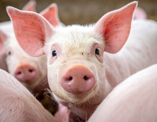 Close-up of playful piglets in a farm setting, emphasizing their adorable features and playful nature in an agricultural context.