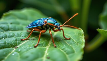 Vibrant metallic beetle perched on lush green leaf showcasing intricate patterns and rich colors under natural sunlight in a garden setting