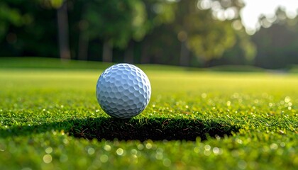 Obraz premium Golf ball poised above the hole on a lush green golf course, sunny day.