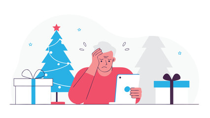 Elderly man struggling with a tablet and technology, holding his head in frustration near Christmas trees.