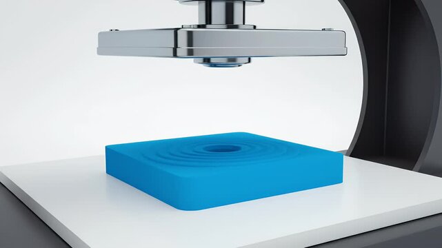 Industrial press with chrome head and blue base on white platform