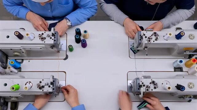 Overhead view sewing machines and hands stitching fabric in busy garment factory with colorful thread spools, multiple operators coordinating precise stitch work, industrial machines on white