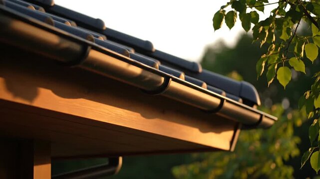 Close-up of a Copper Gutter System on a House Roof.