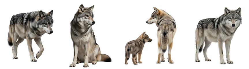 Fototapeta premium Five wolves in different poses and sizes on transparent background